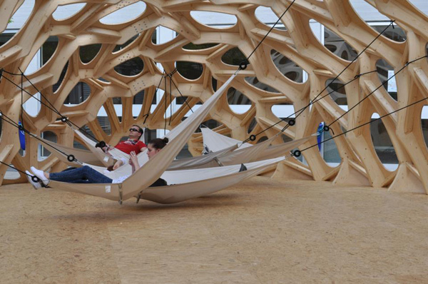Bowoos Temporary Pavilion, Saarland University, marine biodiversity, lightweight material, wooden pavilion, shell-like structure, student work, german contemporary architecture