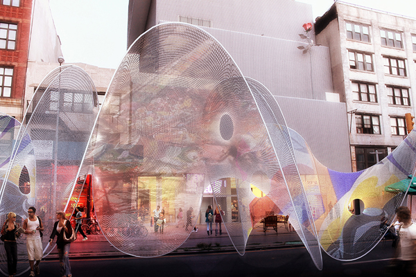 Synthesis Design + Architecture (SDA), Tensioned Relaxations, outdoor structure, New York, street fair, SA Studios / SA-UP Collective, Frei Otto, fiberglass, tensioned structure, tension, organic form