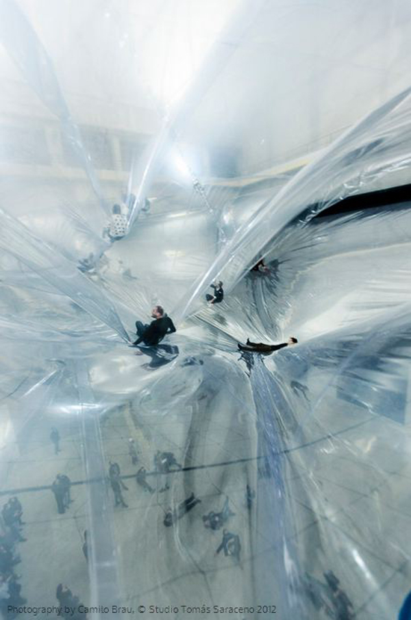 Tomas Saraceno, Milan, Italy, Argentina, Bicocca Hangar, Hangar, MIT, nylon, on space time foam, installation, suspended, cables, colossal