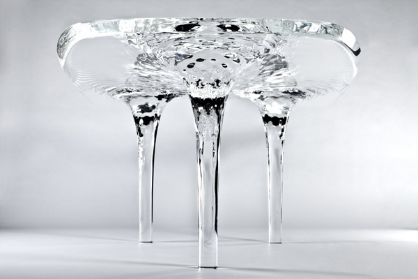 Organic design, computational design, digital fabrication, amorphous design, polished, Plexiglas, zaha hadid, zaha hadid architects, Liquid Glacial table, London, UK, David Gill Galleries