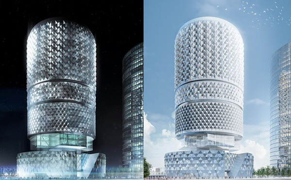 Arata Isosaki, master plan, asymptote architecture, China, Zhengzhou, tower, high rise, cylindrical towers, geometric pattern 