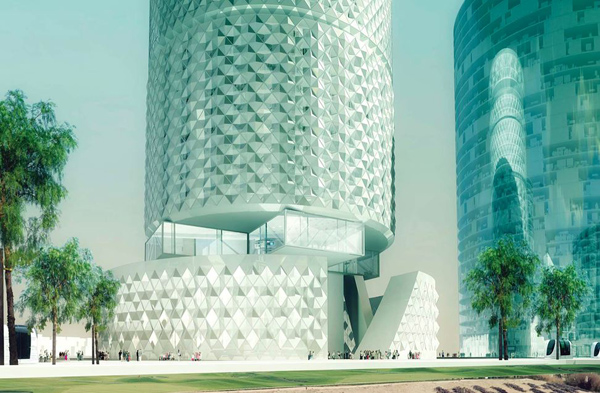 Arata Isosaki, master plan, asymptote architecture, China, Zhengzhou, tower, high rise, cylindrical towers, geometric pattern 