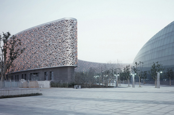 Matrix, hexagon, paul andreu, studio505, Suzhou Science and Cultural Arts Center, china, Suzhou, curved, aluminum, composite façade panels